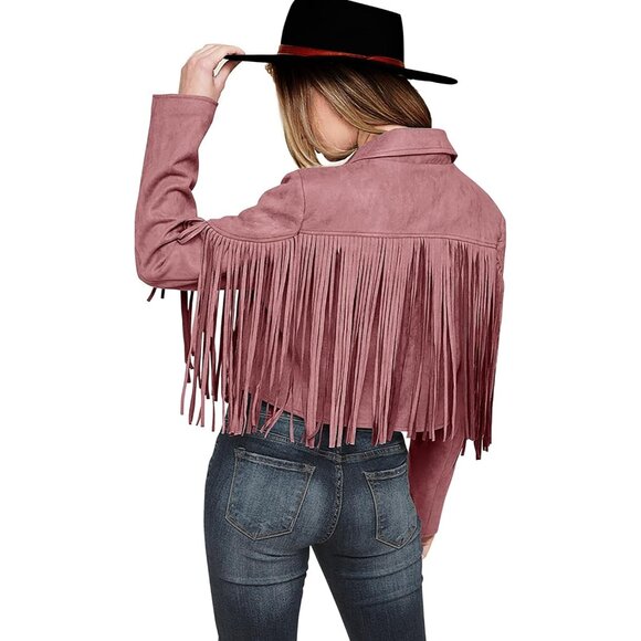 Women's :  Dark Pink Faux Suede Leather Tassel Motorcycle Cropped Jackets - Picture 1 of 9
